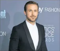  ?? Mark Ralston/AFP/Getty Images ?? Golden Globes nominee Ryan Gosling arrives for the 22nd annual Critics’ Choice Awards last month sporting a tuxedo with no tie, a look that’s predicted to be trending for men on the red carpet this awards season.