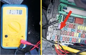  ??  ?? With the fuse tap in place (indicated by the arrow), the voltage was checked with a meter to ensure that the dashcam feed would only be live while the ignition was on.