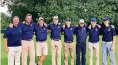  ?? FOTO: VEREIN ?? Gelingt dem Herrenteam des Golfclub Haus Bey der Durchmarsc­h in die Regionalli­ga? Zum aktuellen Spitzenrei­ter der DGL Oberliga gehören von links: Christian Braune, Sven Kurstjens, Markus Rehbein, Vincent Koppitsch, Tom Büschges, Max Teichmann, Thilo...