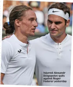  ??  ?? Injured: Alexandr Dolgopolov quits against Roger Federer yesterday