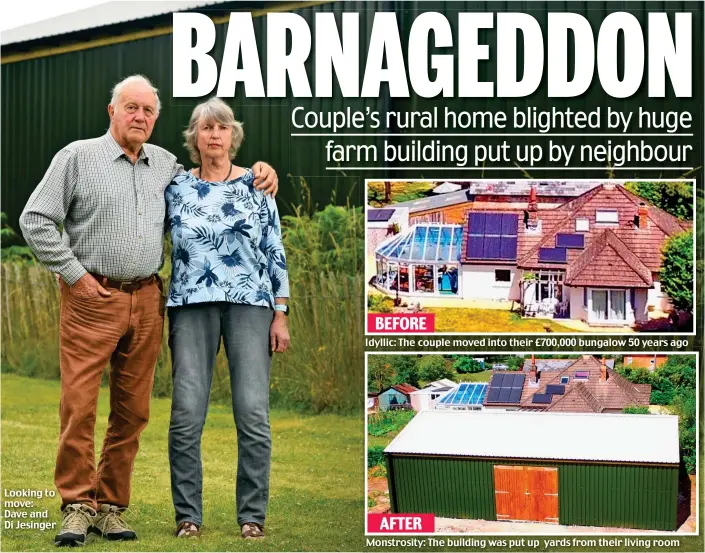  ??  ?? Looking to move: Dave and Di Jesinger BEFORE
Idyllic: The couple moved into their £700,000 bungalow 50 years ago AFTER
Monstrosit­y: The building was put up yards from their living room