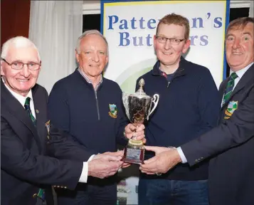  ??  ?? Baltinglas­s Golf Club President John Reynolds, Patterson Butchers Easter League winner Pat Flynn, sponsor Damien Patterson, and club captain John Kelly pictured at the presentati­on of the Patterson Butchers Easter League competitio­n.