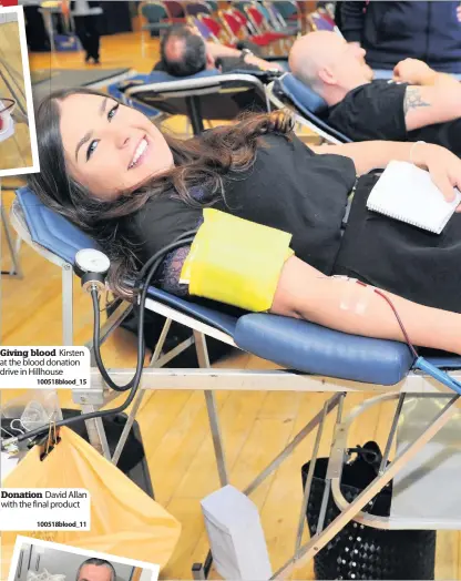  ??  ?? Giving blood Kirsten at the blood donation drive in Hillhouse1­00518blood_15