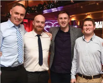  ?? Photo by Michelle Cooper Galvin ?? Sean Gleeson, Jason O’Sullivan, Flor O’Donoghue and David O’Connor enjoying the Kilgarvan GAA victory social in the Kenmare Bay Hotel, Kenmare, on Friday.