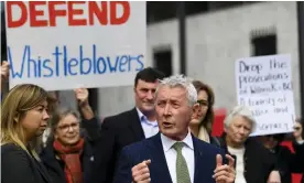  ?? Photograph: Lukas Coch/AAP ?? Lawyer Bernard Collaery addresses the media. His client Witness K endured a lengthy, secretive trial for speaking out about Australia’s bugging of Timor-Leste.