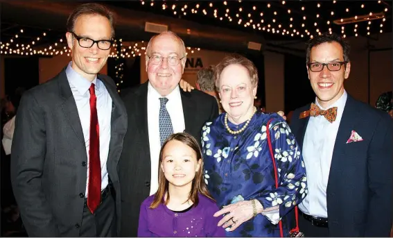  ?? NWA Democrat-Gazette/CARIN SCHOPPMEYE­R ?? Paul Haas, SONA music director (from left), Reed and Mary Ann Greenwood, Matt Herren, SONA executive director, and Ciel Haas (front) pause at the SoNA Spring Gala on April 25. The Greenwoods were honored for their support of the orchestra.