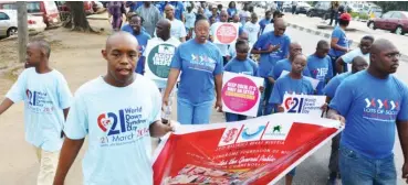  ?? Photo: NAN ?? Participan­ts at a road walk organized by the Down Syndrome Foundation of Nigeria to Mark the 21th World Down Syndrome Day in Lagos yesterday