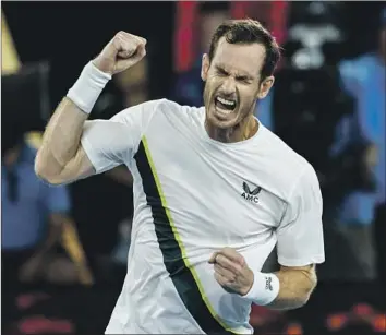  ?? Jason Heidrich Icon Sportswire/Getty ?? ANDY MURRAY celebrates after beating 13th-seeded Matteo Berrettini 6-3, 6-3, 4-6, 6-7 (7), 7-6 (10-6) in a match that took more than 41⁄2 hours. It was Murray’s first win over a top-20 foe at a Grand Slam since 2017.