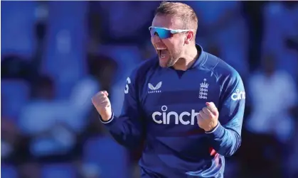  ?? ?? Liam Livingston­e celebrates taking the wicket of Shai Hope during the second ODI. Photograph: Ashley Allen/Getty Images