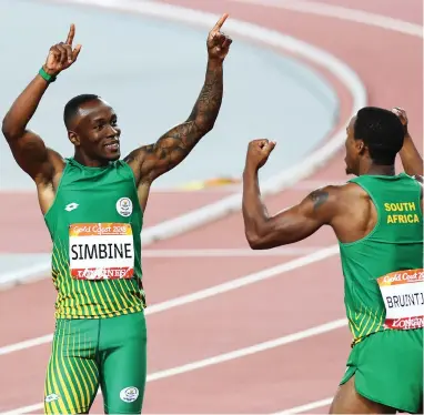  ??  ?? DOUBLE DELIGHT: There can be no doubt about Akani Simbine’s pedigree as a world-class sprinter as he led a one-two along with Henricho Bruintjies, right, in the 100m for Team SA.