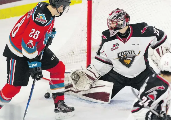  ?? GERRY KAHRMANN/PNG FILES ?? Netminder David Tendeck and his Vancouver Giants have four more games against Leif Mattson and the Kelowna Rockets as they chase, along with the Victoria Royals, a first-place finish in the Western Hockey League’s B.C. Division.