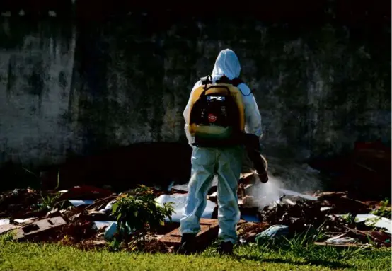  ?? ERALDO PERES/ASSOCIATED PRESS ?? A worker fumigated the grounds of a public school against dengue-carrying mosquitoes in Brasilia, Brazil, on Saturday.