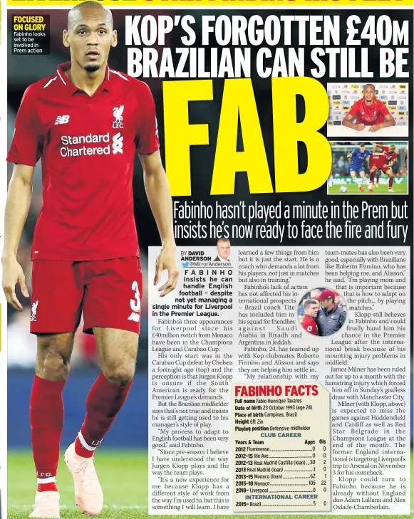  ??  ?? Fabinho looks set to be involved in Prem action Full name Date of birth Place of birth Height Playing position 2015– Gls