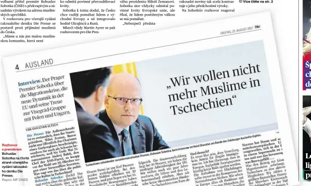  ??  ?? Rozhovor s premiérem Bohuslav Sobotka na čtvrté straně včerejšího vydání rakouského deníku Die Presse. Repro: MF DNES