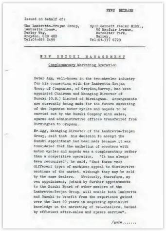  ??  ?? A similar l etter to the Trojan group which mentions other members of the Lambretta board being i nvolved i n Suzuki GB.