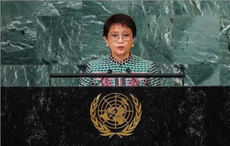 ?? ?? Indonesien­s udenrigsmi­nister, Retno Marsudi, taler til FN’s generalfor­samling i New York og afviser at lade Asean blive en brik i en ny kold krig. Foto: Eduardo Munoz/Reuters