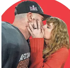  ?? JULIO CORTEZ /AP ?? Taylor Swift kisses Chiefs tight end Travis Kelce on Jan. 28.