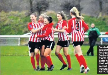  ??  ?? Sunderland celebrate their first goal against Derby (left) and (right) Emily Scarr heads home the Lady Cats’ second goal. Pictures: CHRIS FRYATT