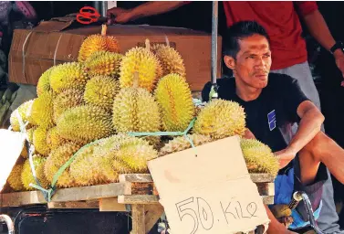  ??  ?? A VENDOR wait for durian buyers along Magsaysay Avenue as the price of the fruits significan­tly dropped to P50 as the harvest season is on the peak. BING GONZALES