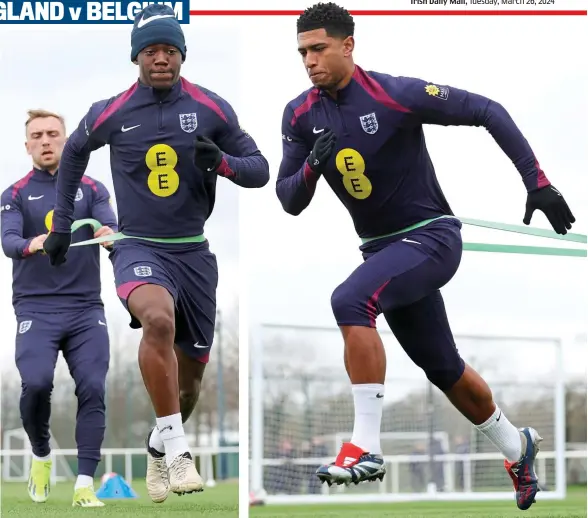  ?? ?? Midfield generals: Mainoo, who is expected to start tonight, works with a resistance band with Bowen in training yesterday (left), while England’s star man Bellingham pulls Chilwell (above) and captain Rice limbers up