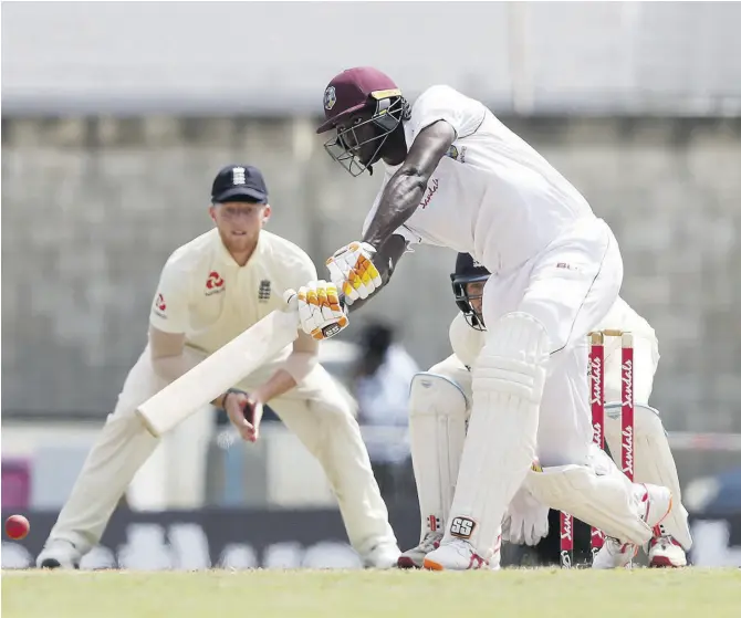  ?? FILE ?? Windies’ captain Jason Holder plays a shot against England during day three of their first Test match at the Kensington Oval in Bridgetown, Barbados, on Friday, January 25, 2019.