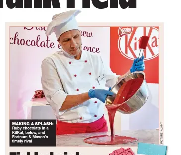  ??  ?? MAKING A SPLASH: Ruby chocolate in a KitKat, below, and Fortnum & Mason’s timely rival