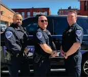  ?? COURTESY LEOMINSTER POLICE DEPARTMENT ?? Left to right: Leominster Police Officer Carlos Cintron, Police Chief Aaron Kennedy, and Lt. Corey Donnelly sport blue-ribbon patches in honor of Colorectal Cancer Awareness Month. The police department is wearing and selling the custom-made patches throughout the month of March in honor of those fighting colorectal cancer including Dawn Deluca, the wife of one of their officers.