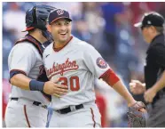  ?? Laurence Kesterson / Associated Press ?? Nats reliever Paolo Espino celebrates with catcher Alex Avila after his first bigleague save at age 34.