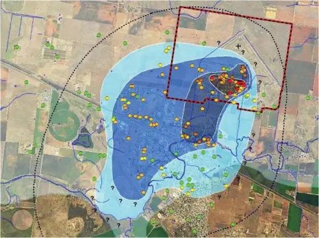  ?? PHOTO: CONTRIBUTE­D ?? LARGE EXTENT: A map showing water contaminat­ion in Oakey, with red showing the worst areas.