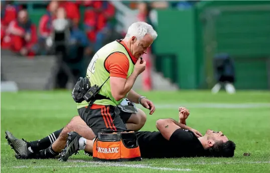  ?? PHOTO: PHOTOSPORT ?? All Blacks wing Nehe Milner-Skudder lies prone on the Newlands turf after injuring his shoulder in the win over South Africa. He may be out for at least six months.