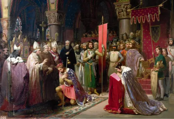  ??  ?? 11 juin 1147 – Louis VII prend l’oriflamme à la basilique Saint-Denis en présence d’Aliénor d’Aquitaine, avant son départ pour la deuxième croisade (1840), de JeanBaptis­te Mauzaisse.