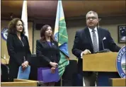  ?? TOM BODUS PHOTO ?? Imperial County District Attorney Gilbert Otero addresses the media at a joint press conference on Elder and Dependent Abuse Awareness Month. Also pictured, from left, are Public Administra­tor Rosie Blankenshi­p and Department of Social Services Program Manager Rosyo Ramirez.