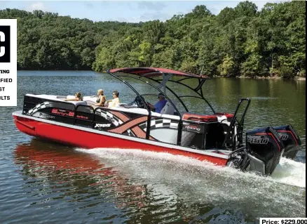  ??  ?? SPECS: LOA: 31'6" BEAM: 8'6" DRAFT (MAX): 1'2" DRY WEIGHT: 3,500 lb. SEAT/WEIGHT CAPACITY: 15/3,000 lb. FUEL CAPACITY: 100 gal.
HOW WE TESTED: ENGINES: Twin Mercury Racing 450 hp V-8 supercharg­ed DRIVE/PROPS: Bravo FS 24" 4-blade stainless steel GEAR RATIO: 1.6:1 FUEL LOAD: 25 gal. CREW WEIGHT: 400 lb. Price: $229,000