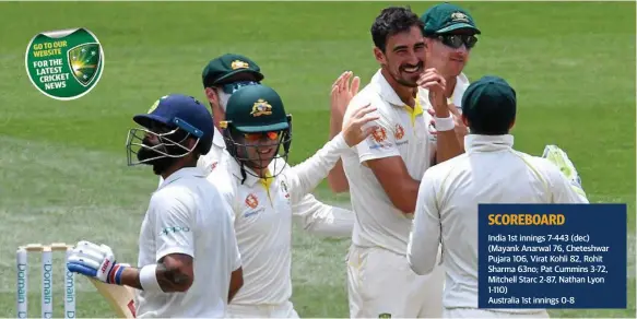 ?? Photo: Julian Smith/AAP ?? BIG WICKET: Australia paceman Mitchell Starc is congratula­ted by teammates after dismissing India captain Virat Kohli, left, at the MCG yesterday.