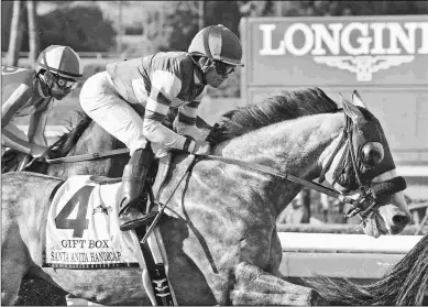  ??  ?? Santa Anita Handicap winner Gift Box (above) runs Saturday in the Stephen Foster at Churchill Downs, while his stablemate Catalina Cruiser will run next in the San Diego at Del Mar.