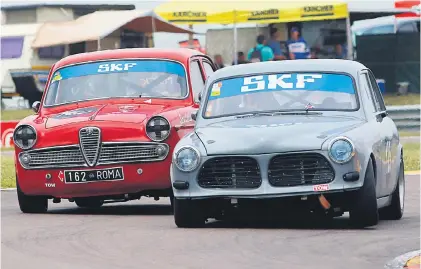  ??  ?? TIGHT STUFF. The races for SKF Pre-1966 Under Two-Litre cars should see podium chasers like Trevor Tuck (Alfa Romeo Giulia) and Alan Poulter (Volvo 122S).