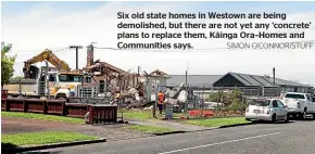  ?? SIMON O’CONNOR/STUFF ?? Six old state homes in Westown are being demolished, but there are not yet any ‘concrete’ plans to replace them, Ka¯inga Ora–Homes and Communitie­s says.
