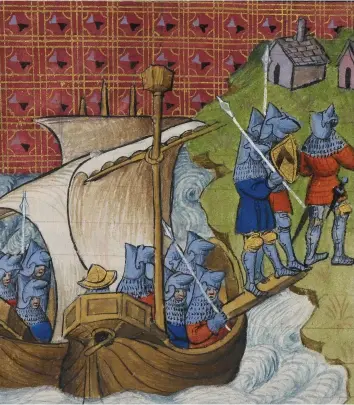  ??  ?? War weary English troops arrive in Normandy, as shown in a late 14th-century manuscript. Soldiers’ anger at the failures of the war with France, and the military skills they brought home with them, proved a potent mix in 1381