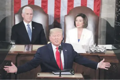  ?? Picture: EPA-EFE ?? BIG TALK. US President Donald Trump delivers his State of the Union address in front of Vice-President Mike Pence and Speaker of the House Nancy Pelosi in the US Capitol in Washington, DC.