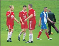  ??  ?? Willie Gemmell and Daniel Croarkin congratula­te Lewis Cameron on his opening goal.