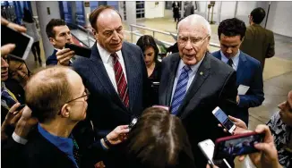  ?? ANDREW HARNIK / ASSOCIATED PRESS ?? Sen. Richard Shelby (left), R-Ala., and Sen. Patrick Leahy, D-Vt., speak to reporters Tuesday morning after House and Senate negotiator­s worked out a border security compromise on Capitol Hill hoping to avoid another government shutdown.