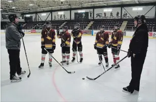  ?? KRIS DUBE
SPECIAL TO ST. CATHARINES STANDARD ?? Greater Fort Erie Secondary School teacher Dave Adamek, left, and former pro hockey player Steve Hollett with students in the Hockey Skills Canada
Academy.