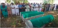  ?? (AFP) ?? Relatives and Bharatiya Janata Party (BJP) workers offer funeral prayers in front of the coffins of BJP leader Waseem Bari, his father and his brother, who were gunned down by suspected militants.