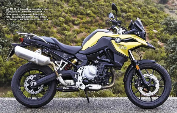  ??  ?? La F 750 GS est disponible en coloris jaune, blanc et gris-noir dans sa version Exclusive, qui se démarque par un équipement de série plus riche : guidon anodisé, protège -mains et flancs de carénage couleur aluminium sont de la partie.