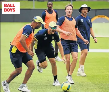  ?? Picture: WERNER HILLS ?? FANCY FOOTWORK: Proteas, from left, Vernon Philander, Aiden Markram, AB de Villiers and Wiaan Mulder, practise at St George’s Park before the test against Australia. Behind them is Kagiso Rabada Report on back page