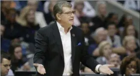  ?? LM OTERO — THE ASSOCIATED PRESS ?? In this file photo, Connecticu­t head coach Geno Auriemma questions a call during the second half of an NCAA college basketball game against Mississipp­i State during an NCAA college basketball game in the semifinals of the women’s Final Four in Dallas....