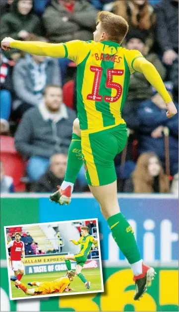  ??  ?? LEAP OF FAITH: West Brom’s Harvey Barnes celebrates making it 2-0, shown inset