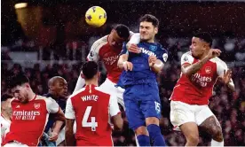  ?? Photograph: Peter Cziborra/Action Images/Reuters ?? Konstantin­os Mavropanos outjumps Gabriel Magalhães to make it 2-0 to West Ham.