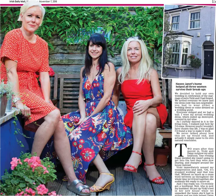  ??  ?? Three’s company: From left to right, friends Vicki, Janet and Nicola. Inset above, left to right, their children Martha, Lilla, Teya, Eliot, Danny and Daisy on holiday. And Janet dons her bridal gown to celebrate the royal wedding with toddler Daisy and Vicki Haven: Janet’s home helped all three women survive their break-ups