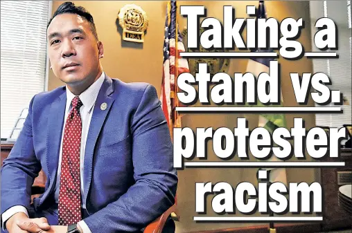  ??  ?? ‘VERY SURPRISED’: Detective Vincent Cheung says anti-Asian hate from people like protester Terrell Harper (below) is a new experience for him.